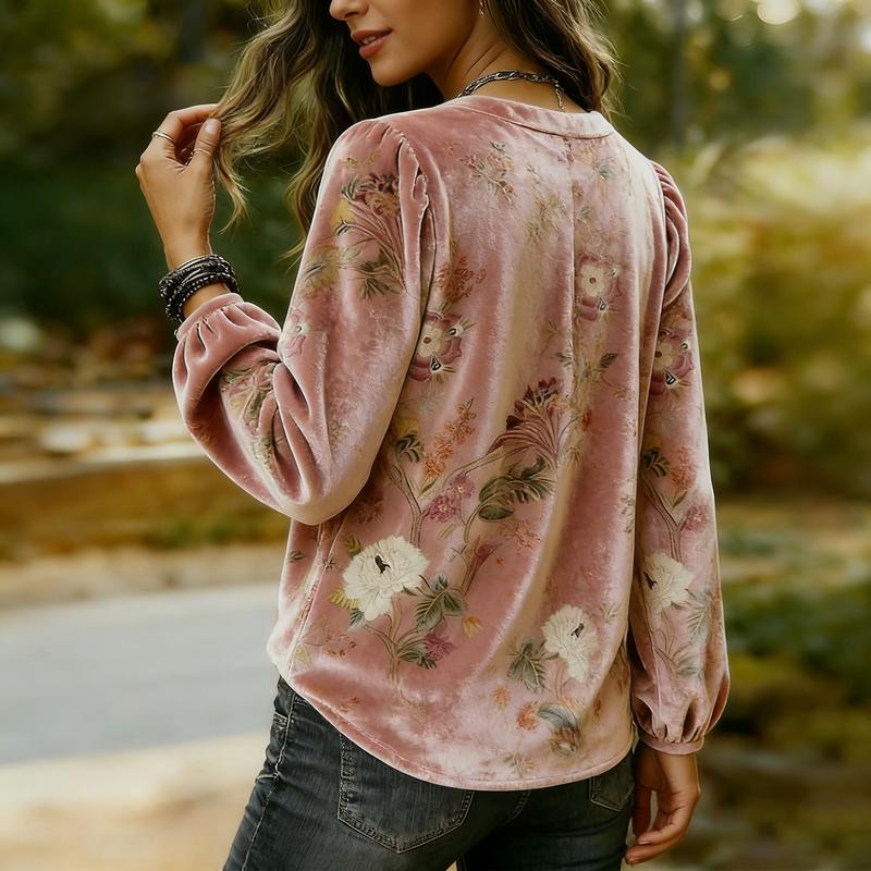 Vintage Floral Print Long Sleeve Velvet Top Elegance Soft Cute Fall Outfits Women's Clothes Going Outfits Womenswear