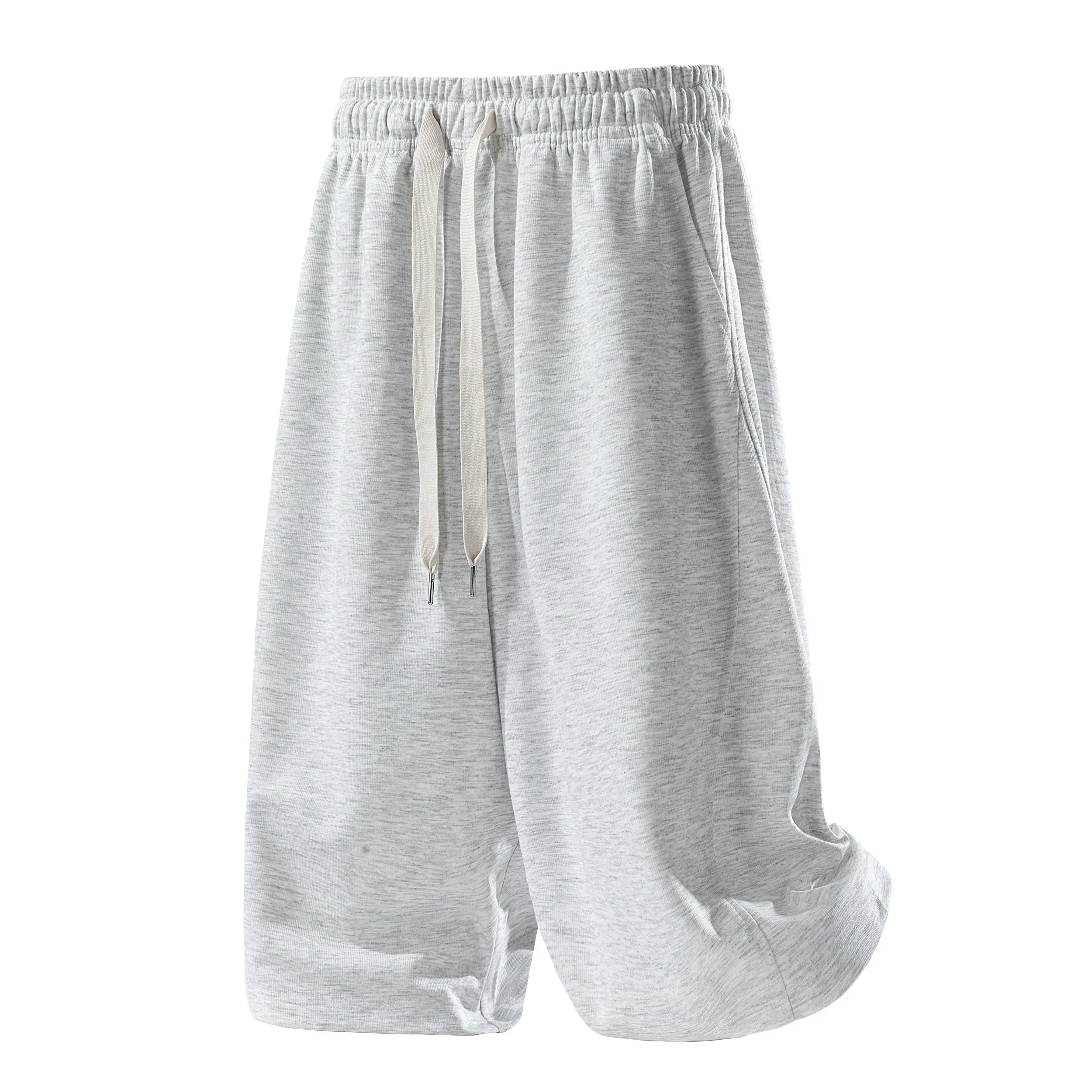 Men’s 100% polyester solid-color drawstring-waist shorts with pockets, casual fit, knee-length; breathable for summer, suitable for men’s everyday wear.