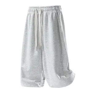 Men’s 100% polyester solid-color drawstring-waist shorts with pockets, casual fit, knee-length; breathable for summer, suitable for men’s everyday wear.