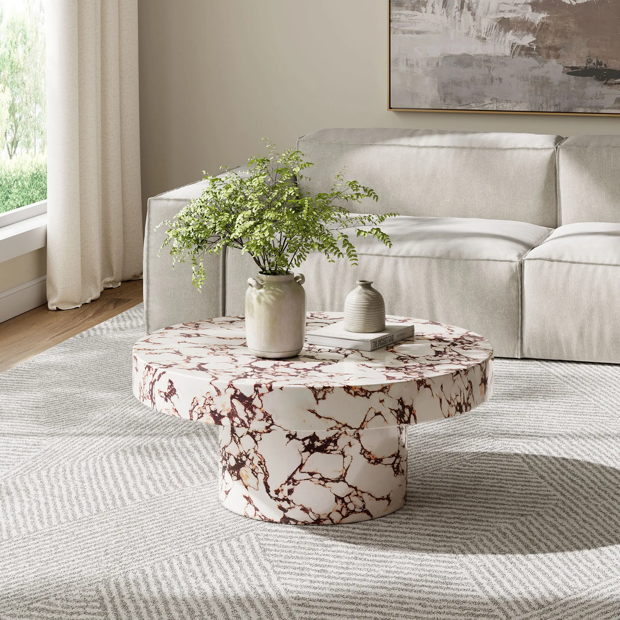 Alora Indoor - Outdoor Patio Concrete Round Coffee Table in Red Marble