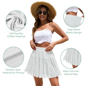 CYiNu Women's High Waisted Tiered Chiffon Mini Skirt Boho Flowy White Half Skirt for Summer Casual Pleated Skirt Style Elastic A Line Short Skirt Lightweight Breathable Summer Skirt for Women