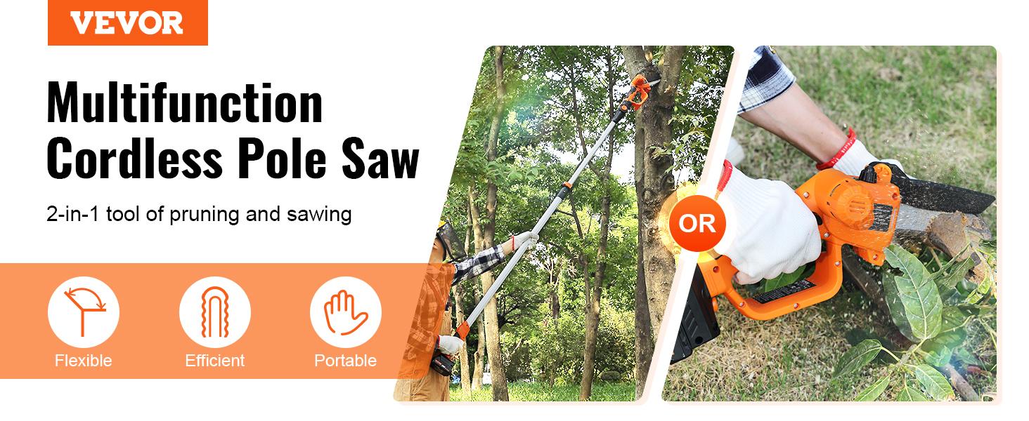 VEVOR 2-in-1 Mini Chainsaw, TikTokShopBlackFriday, 20V 4Ah Battery Pole Chainsaw, 5" Cutting Capacity 8 ft Reach Pole Saw for Branch Cutting & Tree Trimming VEVOR 2-in-1 Mini Chainsaw, TikTokShopBlackFriday, 20V 4Ah Battery Pole Chainsaw, 5" Cutting Capacity 8 ft Reach Pole Saw for Branch Cutting & Tree Trimming
