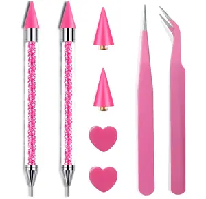 Pink Rhinestone Picker Tool Set - 2 Pcs Dual-Head Wax Pens with 2 Wax Tips and 2 Pink Tweezers, Wax Pencil for Rhinestones, Crystal Diamond Pickup Tool for Nail Art, Gem and Crystal Application Kit