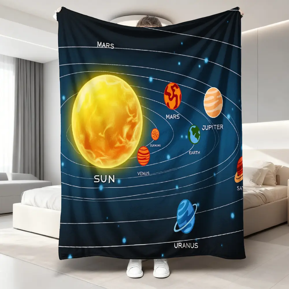 flannel materialFour Seasons Suitable Flannel Blanket Sun Planets Orbit Solar System for Travel, Camping for Living Room, Office, bedroom Machine Washable 60x80 inDelicate, lightweight and breathable, lint-free, and pill-resistant., Customized, Grandparen