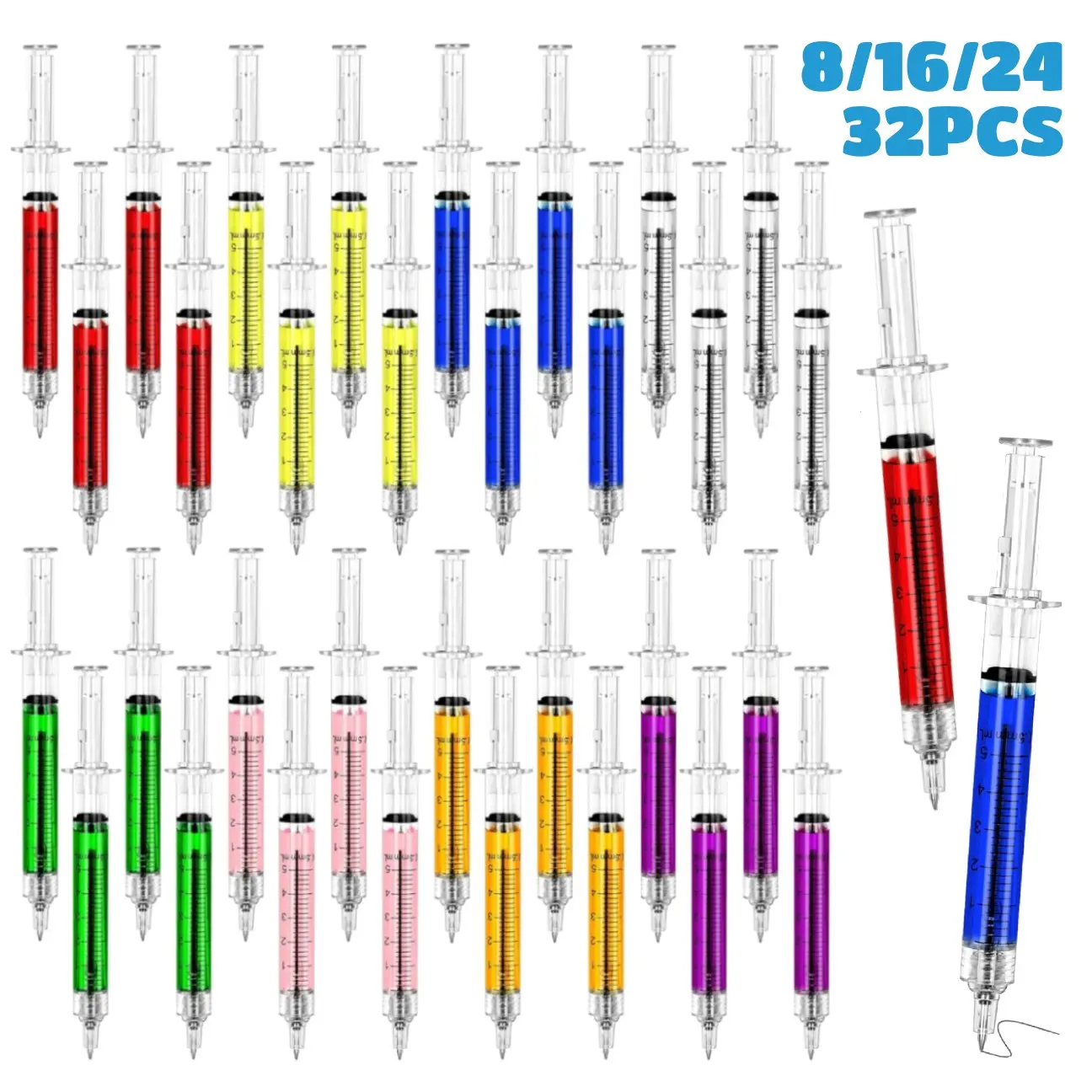 8/16/24/32Pcs Syringe Pen, Multi-Color Retractable Fun Nurses Week Gifts Bulk, Black Ink Novelty Pens Set, Nurse Accessories for Work and Nursing School Supplies, Imaginary Doctor Play Cool Gifts for Nurses, Perfect Medical Student Bcak To School Gifts
