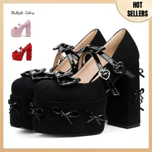 Platform Mary Jane Shoes for Women Cute Bow Buckle High Chunky Heel Cute Suede Dress Shoes Goth Pumps Shoes Uniform Oxfords Outdoor AOSPHIRAYLIAN