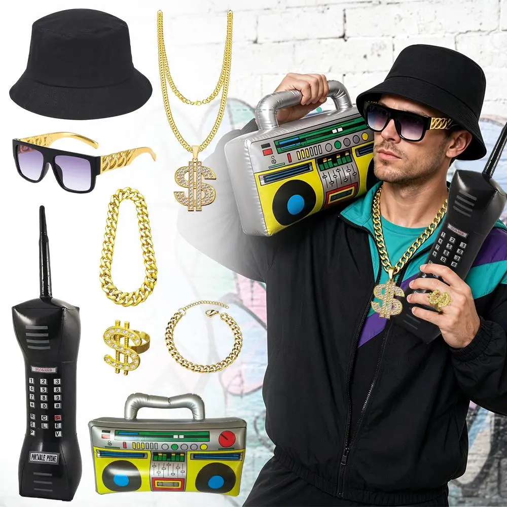 Hip Hop Costume Kit 80s 90s Rapper Accessories, Outfits for Men Women Cosplay Gatherings Club Nostalgia Old School Themed Party Supplies
