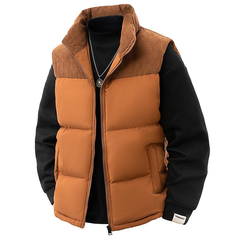 Men's Colorblock Corduroy & Fleece Quilted Fitted Gilet with Detachable Cap - Warm Casual Menswear Waistcoat for New Year, Versatile Outerwear