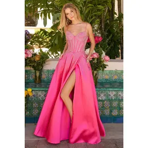 Ava Presley 47192  A-Line Designer Slit Corset Pockets Prom Mikado Dress