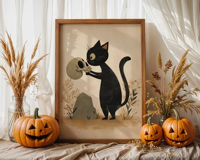 Poster Halloween Black Cat Wall Art Print, with Skull , Cute Spooky Art, Whimsical Gothic Decor, Autumn Print (unframed)