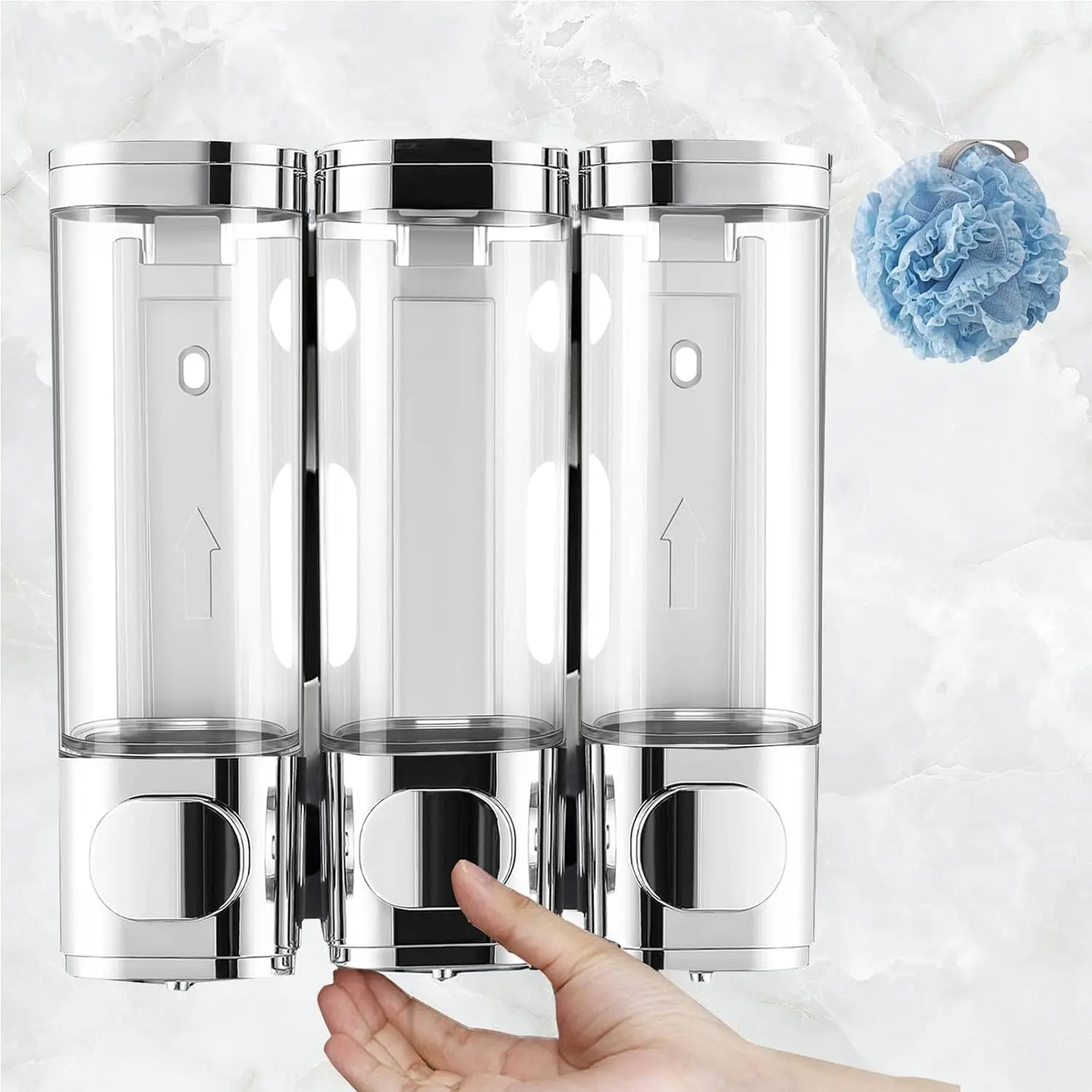 ZIZAZAOO Shampoo and Conditioner Dispenser, Shower Soap Dispenser, 3 Chamber No Drill Wall-Mounted Shampoo Dispenser for Shower, Wall Mounted Shower Dispenser for Bathroom, Hotel Large Capacity, Electroplated Silver, Dark Gray, Black