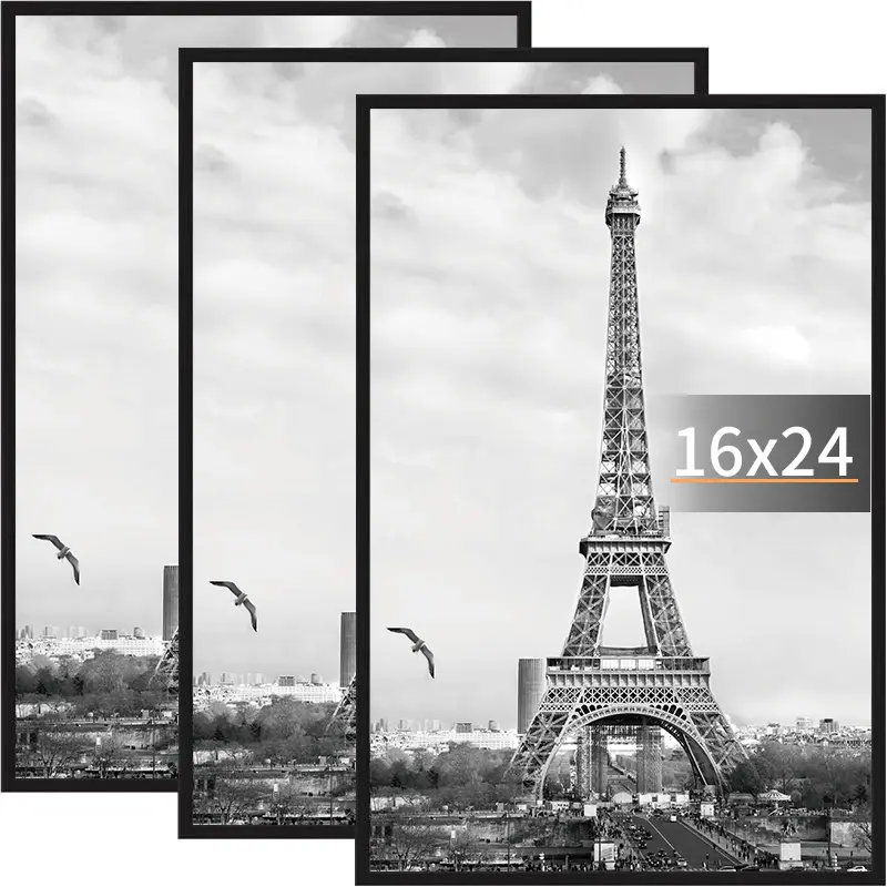 16x24 Black Picture Frames 3 Pack, Gallery Wall Decor Frames for Photos, Posters, Artwork & Certificates, Scratch Resistant Poster Frames, Easy Slide-In Design, Horizontal or Vertical Wall Mounting