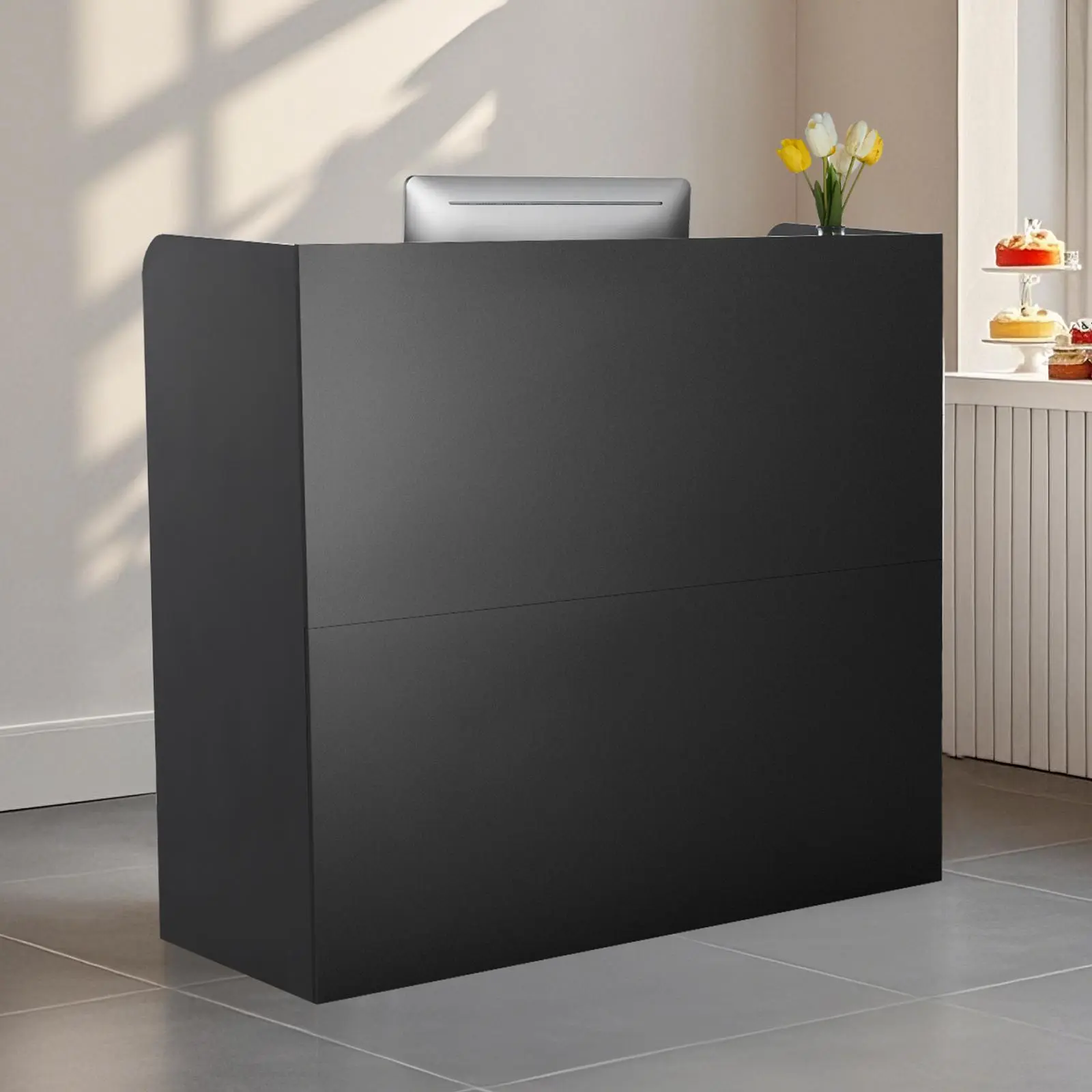 【summerfinds】VEVOR 47-Inch Rectangular Modern Wood Reception Desk, Composite Wood Commercial Office Furniture with Lockable Drawer & Storage Cabinet, for Lobby Checkout & WFH Setup, Black, Assembly Required, Father's Day Gift, Modern Wood Desk