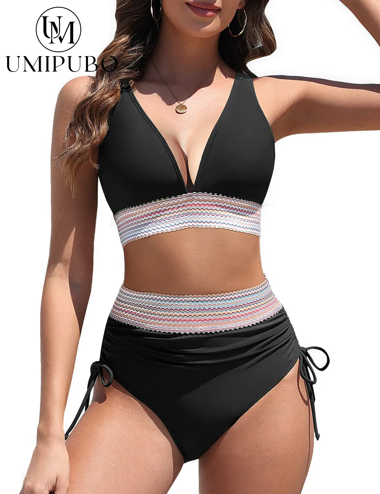 UMIPUBO Shop Women's Bikini Sets V Neck 2 Piece Swimsuits High Waisted Color Block Drawstring Bathing Suits Tummy Control Swimwear SwimWeek summerwins