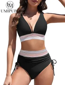 UMIPUBO Shop Women's Bikini Sets V Neck 2 Piece Swimsuits High Waisted Color Block Drawstring Bathing Suits Tummy Control Swimwear
