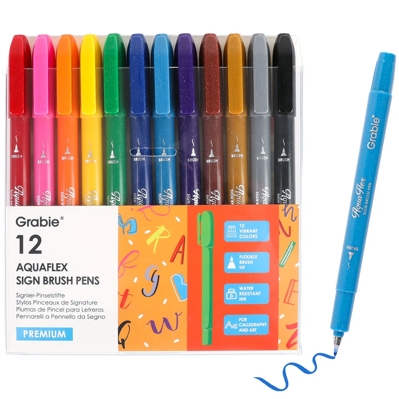 Grabie AquaFlex Sign Brush Pen Set - 12 Multicolor Archival Quality Brush Tip Pens, High Pigmentation Permanent Markers, Lettering Supplies for Calligraphy, Arts and Crafts, Back to School Gifts