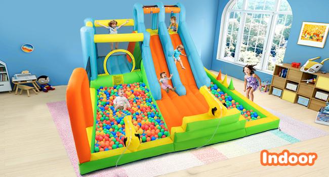 Inflatable Water Slide Adventure Giant Water Park Bounce House with 2 Long Slides Splash Pool Trampoline Climbing Wall Ring Toss Game 550W Air Blower for Kids Backyard Garden Indoor Outdoor Use