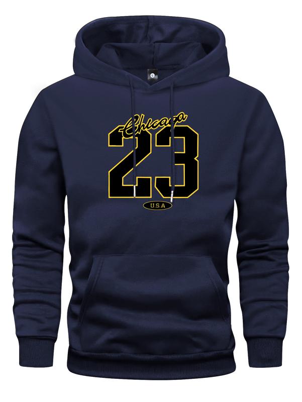 Men's spring and autumn thin long-sleeve pocket personalized letter number 23 pattern print hooded sweater fashion casual sports streetwear outdoor men's headwear, suitable as a gift for husband or boyfriend