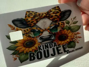 Highland Cow Credit/Debit Card Vinyl Sticker - Leopard Print Design with Sunglasses, Sunflowers, "Kinda Boujee Kinda Broke" Theme, Self Adhesive, Waterproof Durable Decal Sticker for DIY Scrapbooking & Stamping