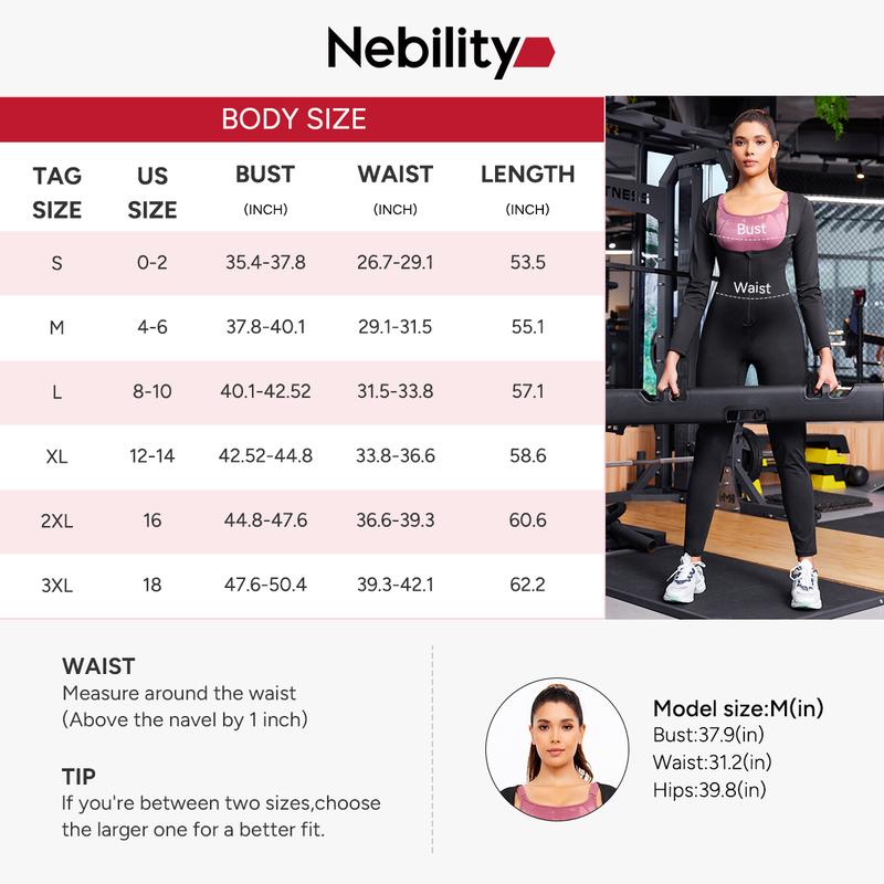Nebility Women's Full Body Sauna Suit Long-Sleeved Jumpsuit with Waist Trainers for Sweating Profusely - Stylish Activewear & Sports Outfits Workout Gym Clothing Workout Apparel