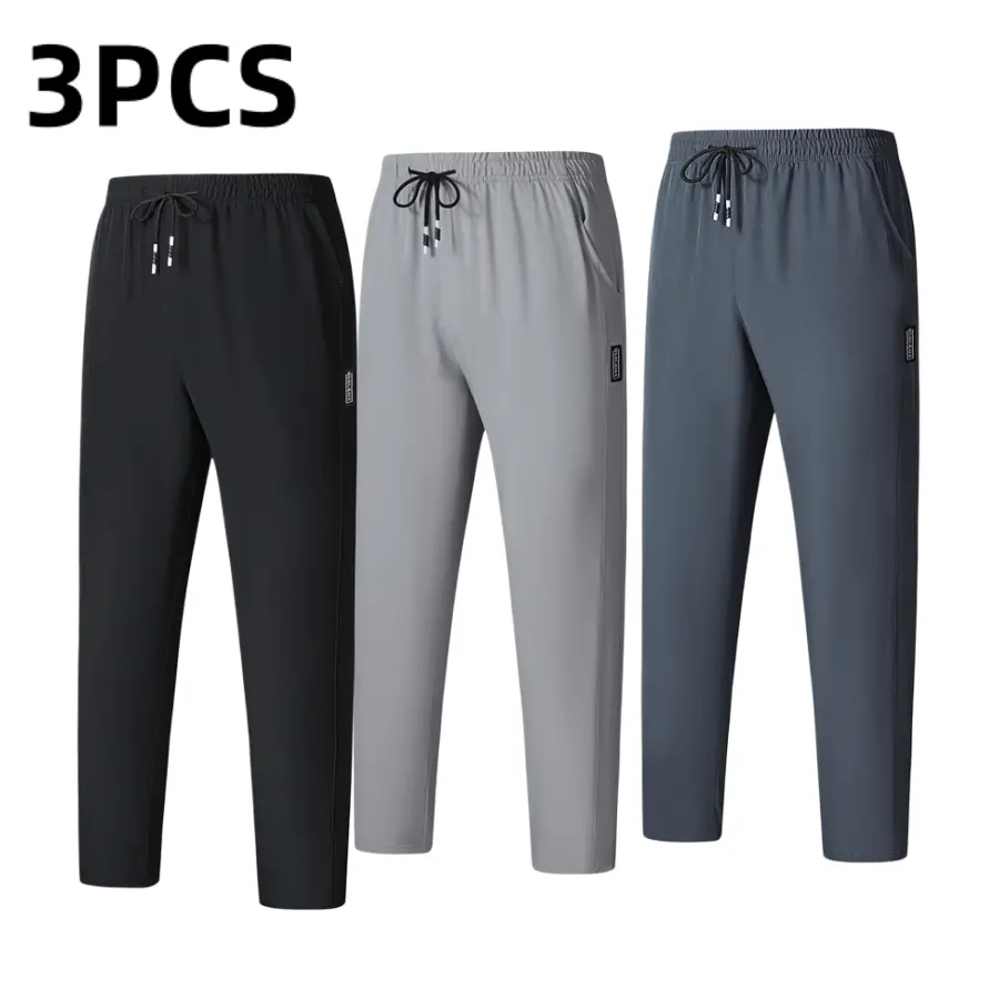 Men’s 3-pack breathable quick-dry long pants, straight-leg sports casual pants, drawstring elastic waist pants, outdoor running pants, lightweight summer athletic pants