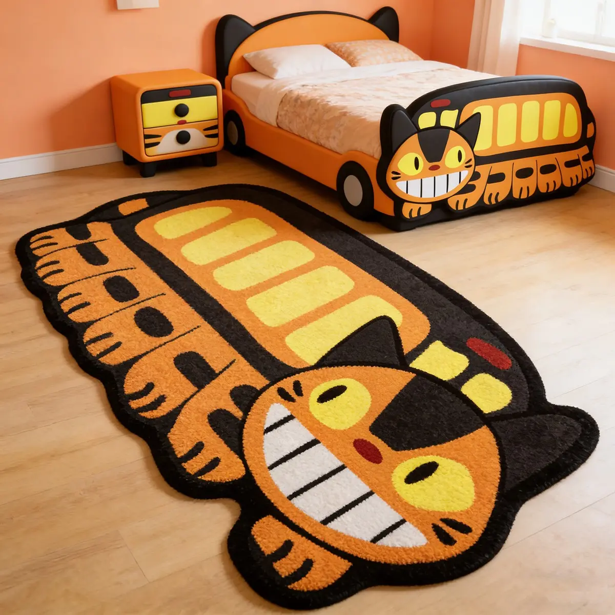 Totoro Kitty Bus Cartoon Pattern Rug, Playful High Elastic Soft Anti-Slip Bedroom Bedside Mat, Kids Room Living Room Game Zone Multi-Scene Use, Cute Cure Style Easy Clean Floor Mat, Indoor Area Rug, Floor Rugs, Polyester Fiber Rug, Kawaii Rug