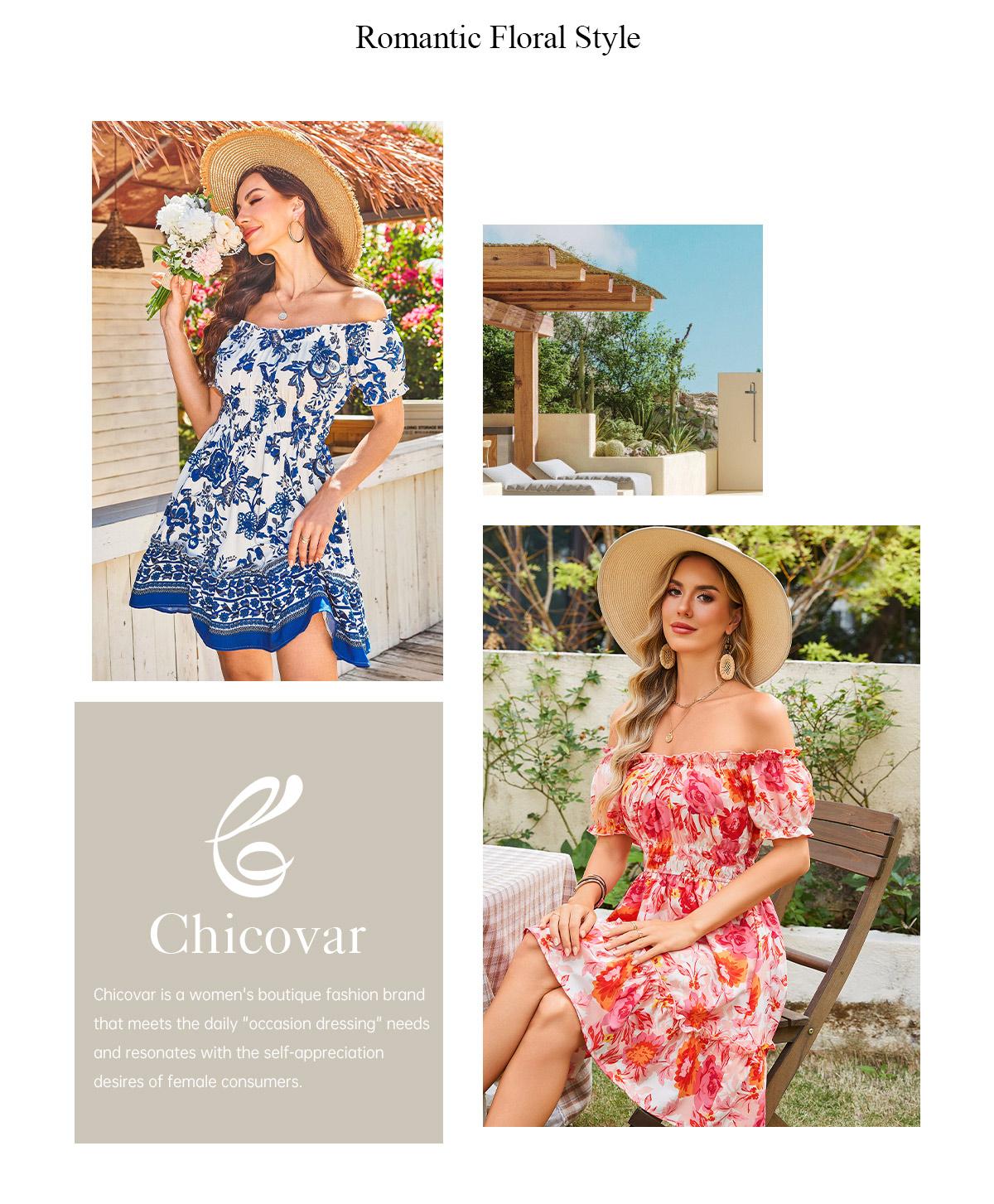 Chicovar Women's Summer Floral Print Mini Dress with Pockets, Off Shoulder & Square Neck Ruffle Short Sleeve Smocked Waist A-Line Dress for Wedding Guest, Vacation & Date Night, Valentine’s Day