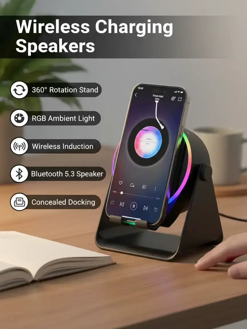 5-in-1 Cool Tech Gadget | Wireless Induction Bluetooth 5.3 Speaker with 360° Rotation Phone Stand, RGB Ambient Light, Concealed Docking Station, High Power Portable, Gifts for Men Women Dad Mom, Compatible with iPhone Android - Black