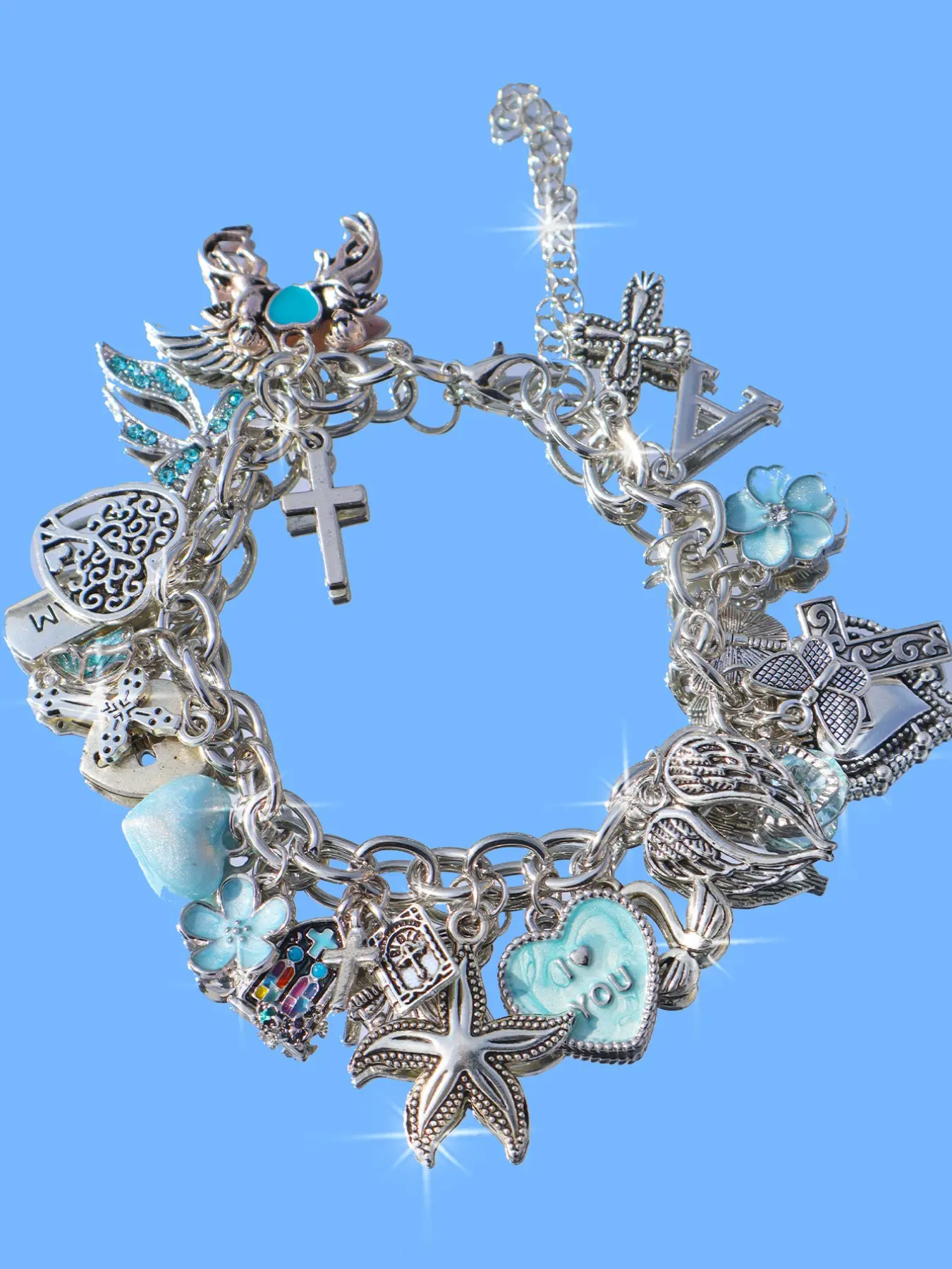 Vintage Floral Heart Ocean Charm Bracelet, DIY Cross Heart Bracelet, Starfish Flower Bracelet, Retro Heart Bracelet for Women, Alloy Chain Bracelet, Heart Design Bracelet