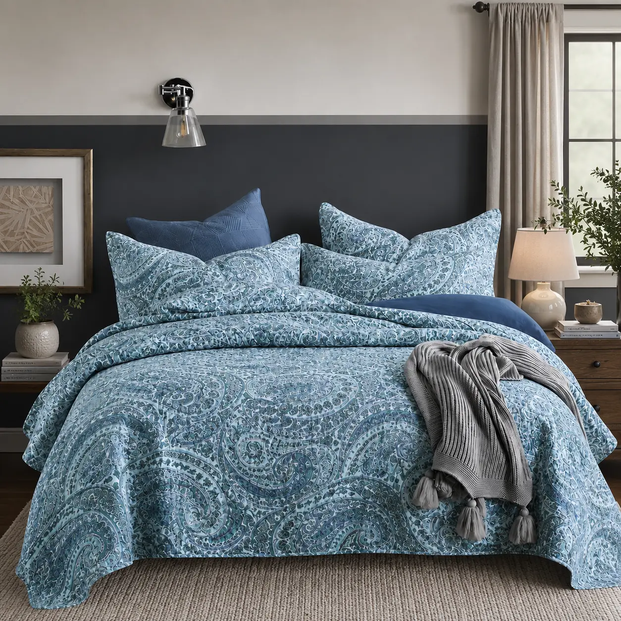 Cotton Bedspread Quilt Sets Reversible Bedding Sets Coverlet Sets Comforter Paisley Bedspread,Blue, King Size