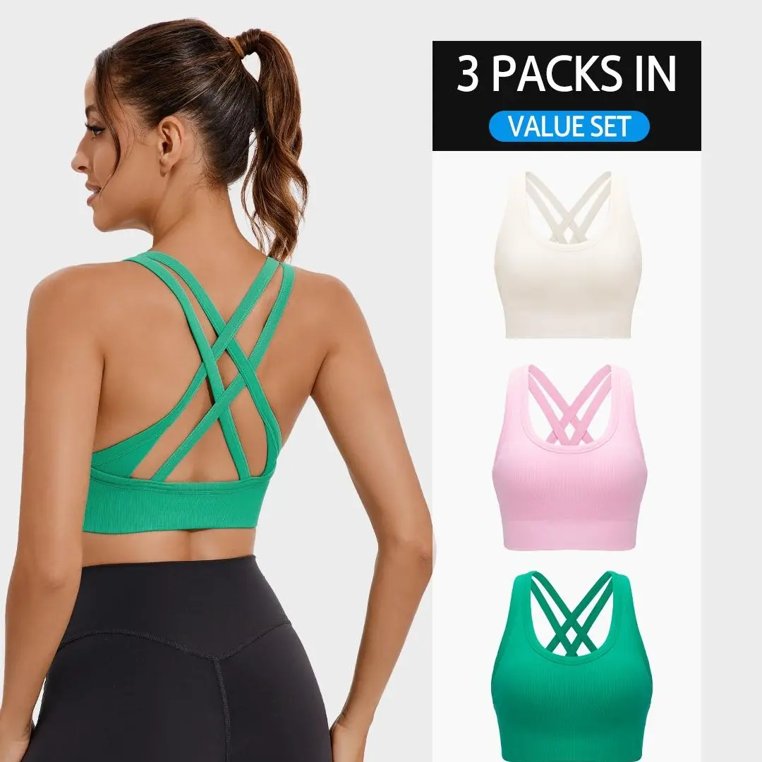 RUNNING GIRL Women's High Support Sports Bra, Criss-Cross Back Strappy Seamless Ribbed Workout Top with Removable Cups for Yoga, Workout Bra, Strappy Sports Bras,travel essentials,camping essentials tiktokshopbacktoschool
