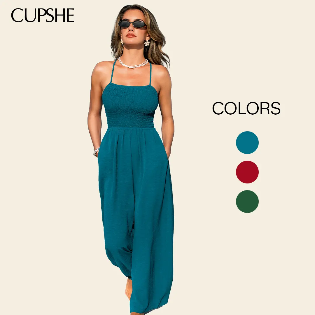 CUPSHE Women's Jumpsuit, Sleeveless Square Neck Wide Leg Long Jumpsuit, Flowy Relaxed Fit One Piece Outfit with Comfortable Fit, Beach Vacation Resort Wear, Summer Holiday Travel Outfit, Women's Romper,Holiday Everyday Style
