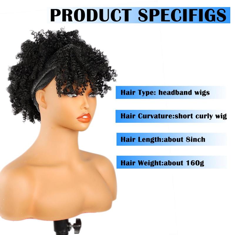 8inch Afro Headband Wig Kinky Curly Hair Wig with Bangs for Black Women Synthetic Turban Style Headband Wig Kinky Curly 2 in 1 Head Wrap With Headband Attached for Party Daily Use