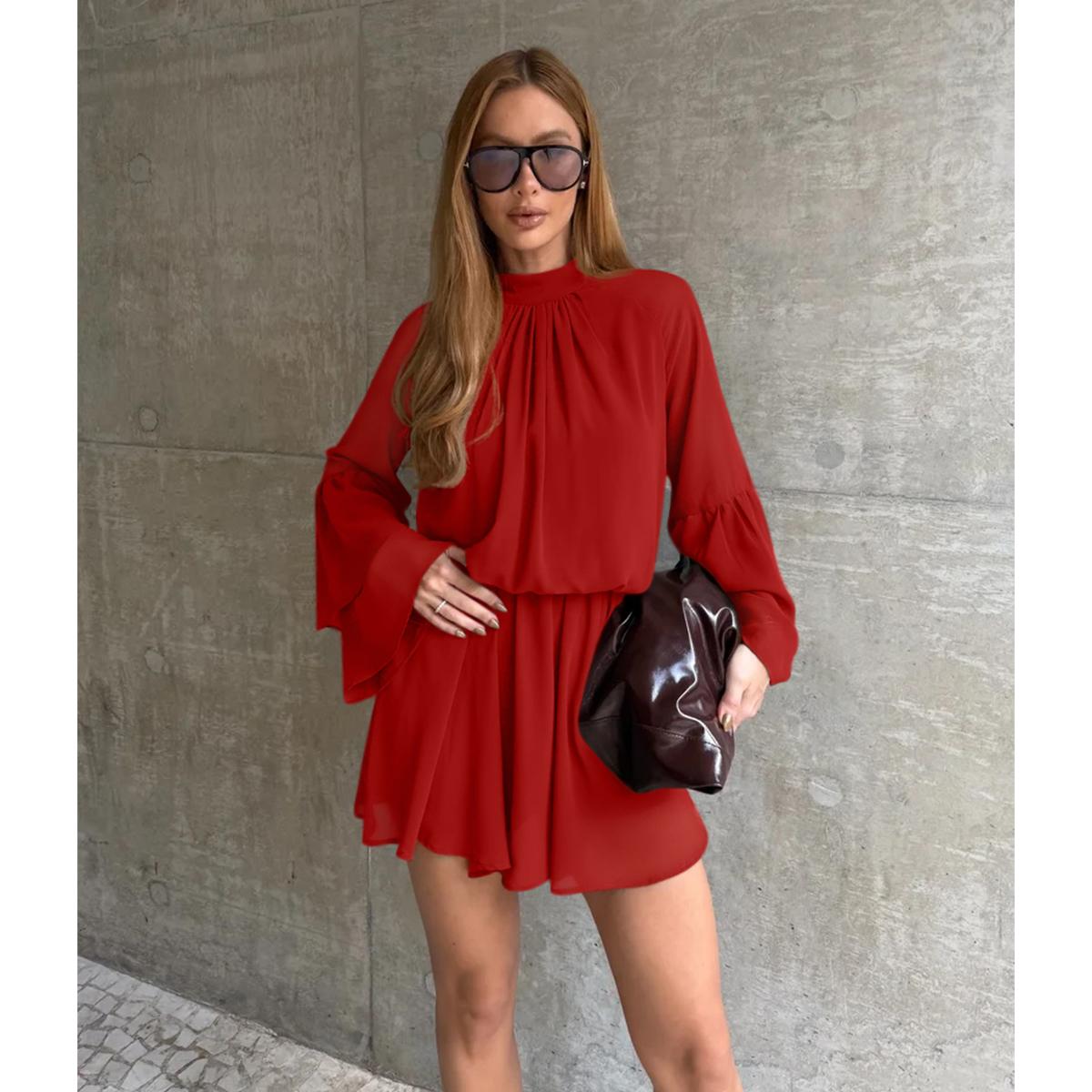 HYZ Women's Flowy Chiffon Half Sleeve Dress with Ruffled Bell Sleeves Back Cutout High Neck Casual Party Mini Dress