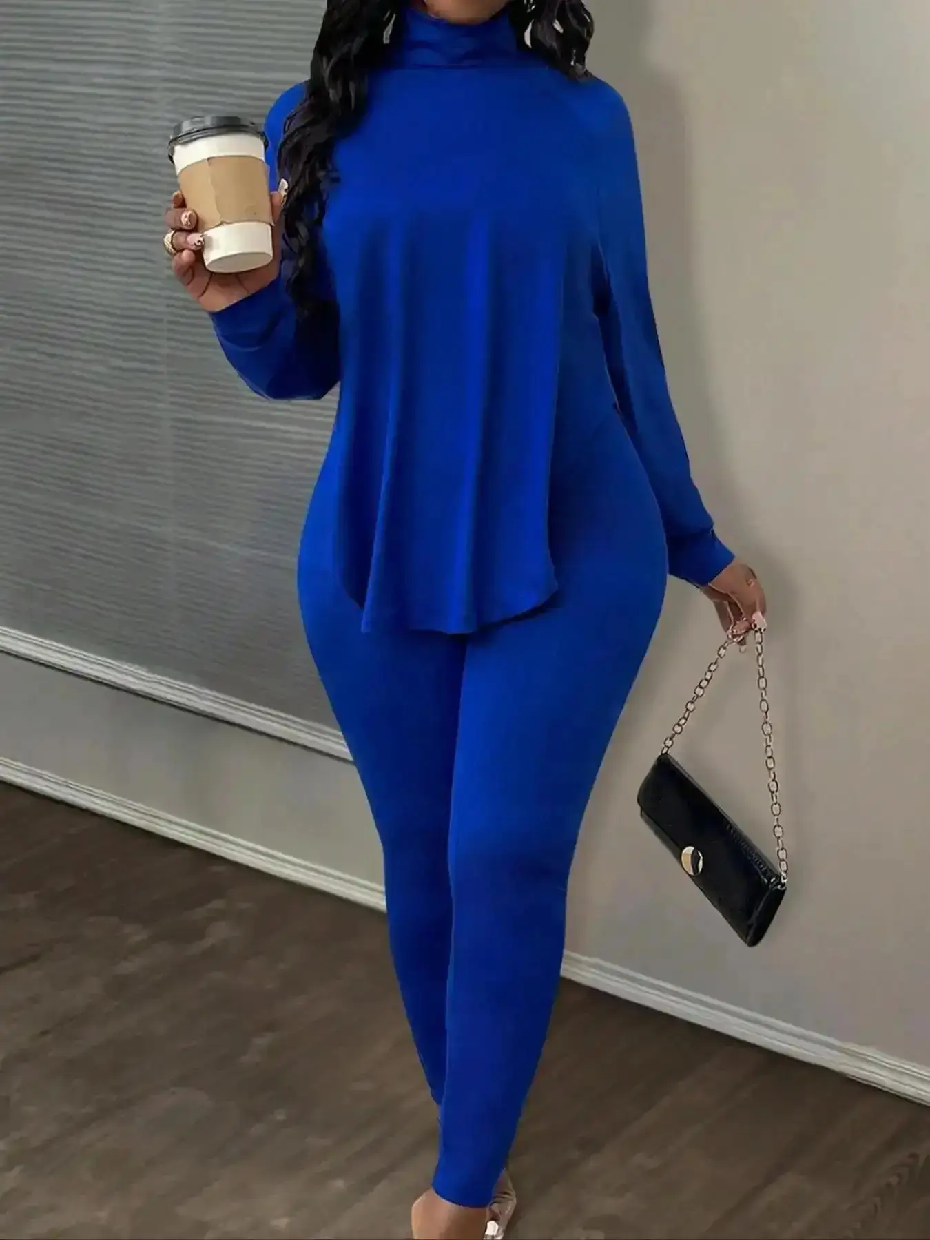 Women's Solid Raglan Long Sleeve Top & Skinny Pants Two-Piece Set, Fitted Casual Fashion Cozy High Neck Turtleneck Top & Trousers for Daily Outdoor Wear, Womens Fall Winter Outfits
