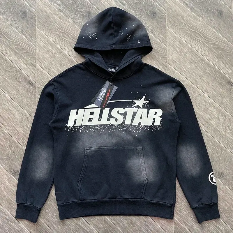 Hellstar Washed Graphic Hoodie, Y2K Streetwear Pullover for Men Women, Vintage Oversized Hooded Sweatshirt with Bold Logo Print, Kangaroo Pocket Casual Hip Hop Hoodie