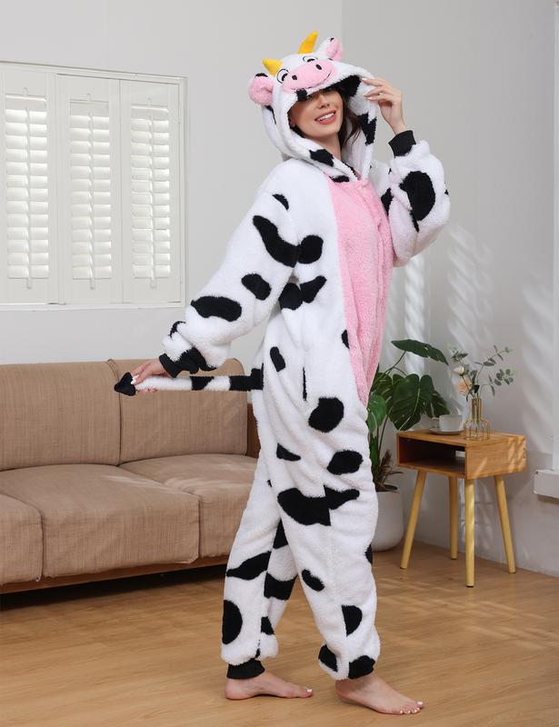 Cozy Cow Onesie for Adults, Plush Fleece Animal Costume Pajamas with Hood for Halloween, Cosplay, and Loungewear Cozy Cow Onesie for Adults, Plush Fleece Animal Costume Pajamas with Hood for Halloween, Cosplay, and Loungewear