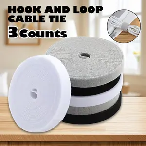 3 Count Reusable Fastening Tape, Black Grey White Double Sided for Cable Management