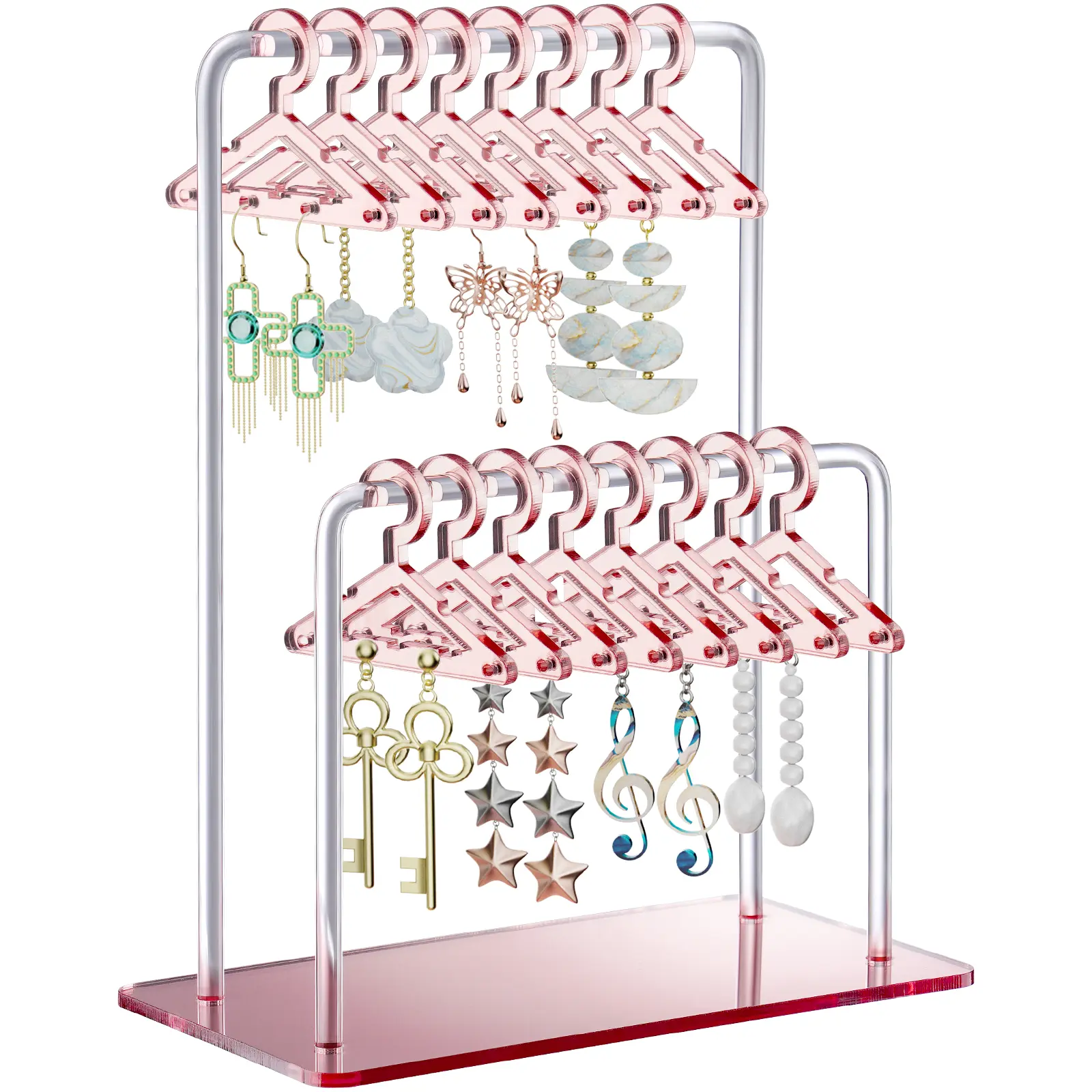 NiHome Mirror-Shine Acrylic Earring Holder - Double-Tiered, 48-Pair Capacity, Earring Display, Vanity Table Organizer with Double-Rod Clothing Rack, 16 Mini Hangers, 5.9"d x 6.9"w x 3.15"h for Home Use