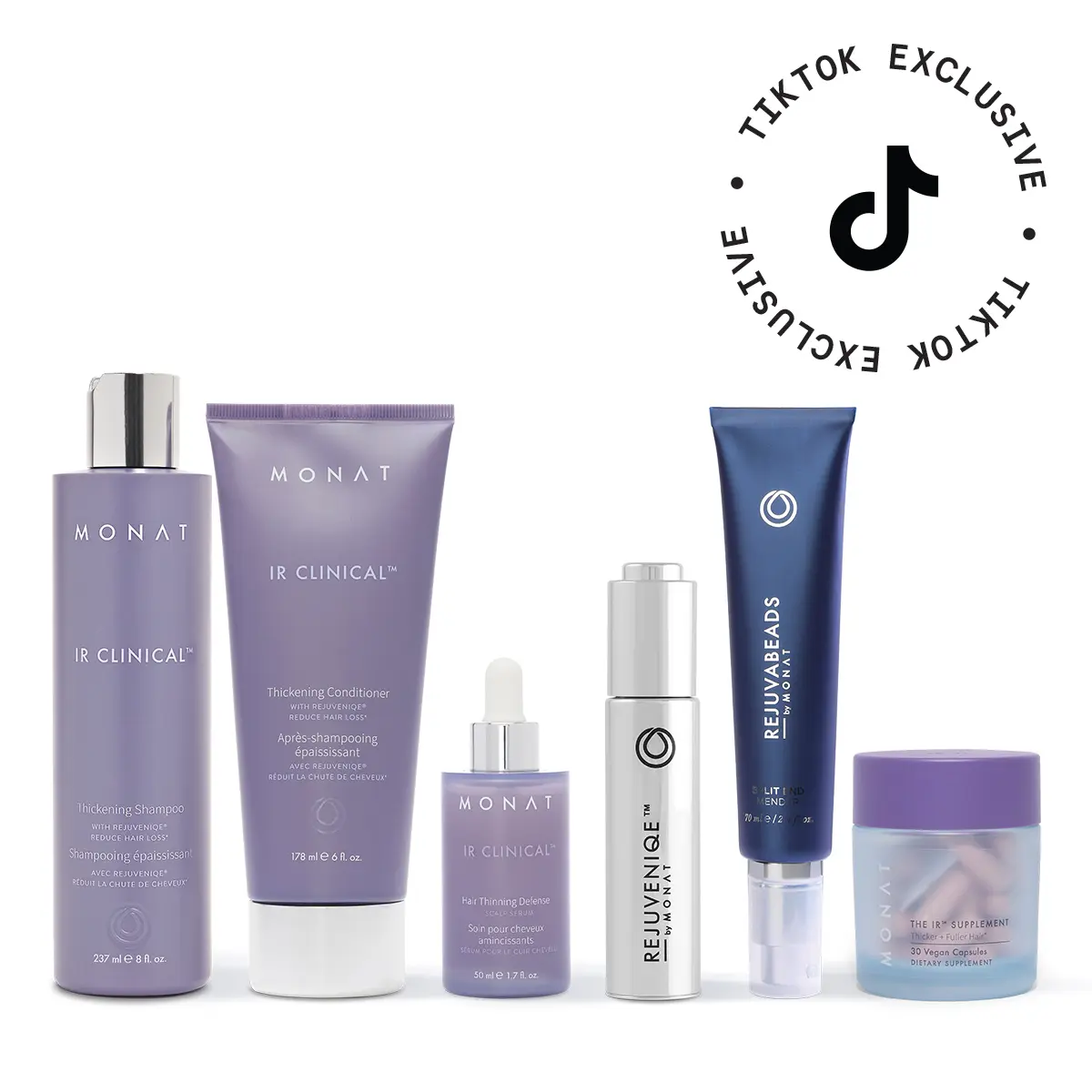 MONAT Hair Transformation Pack – IR Clinical Thickening Shampoo, Conditioner, Scalp Serum, REJUVENIQE Oil, REJUVABEADS & IR Supplement
