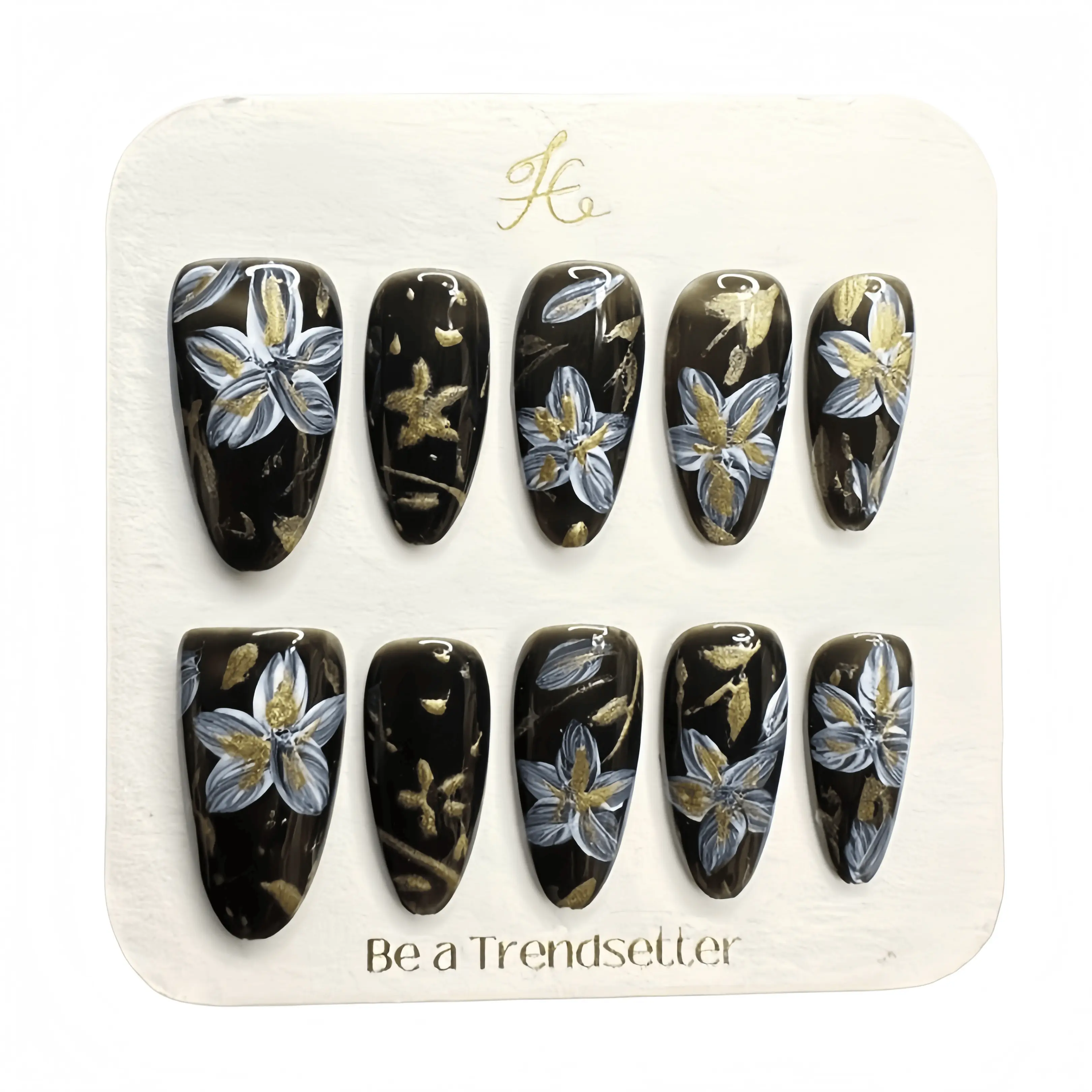 E39 Chic Hand-Drawn Black Gold Flower Press-On Nails - Handmade with Personalized Touch, Lazy Application Method for Everyday Wear or Gifting (Beauty & Nail Care Accessory)