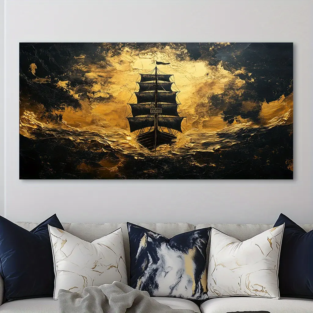 Artistic Abstract Art Wood-Framed Gold Sailboat Canvas Wall Art Print - High-Quality Coastal Nautical Landscape Decoration for Living Room, Bedroom