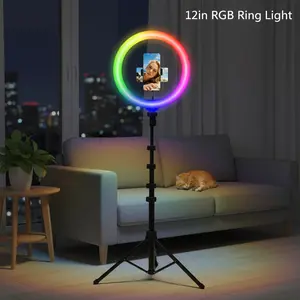 12'' Selfie Ring lights Kit - 63'' Tripod Stand with 20 RGB Temperatures & 3 Brightness Levels | Button Control, USB Charging - for Live Dimmable LED Beauty