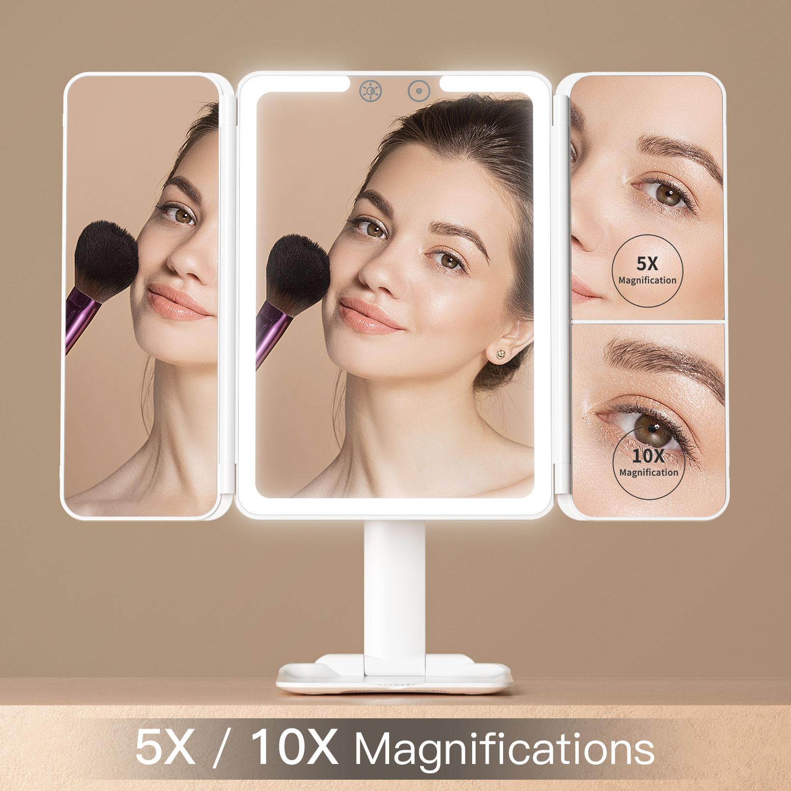 BEAUTIFIVE Tri-fold Travel Makeup Mirror with 48 LED Lights, 1X/5X/10X Rechargeable Vanity Mirror with Light, Portable Magnifying Mirror with Light, Stepless Dimming and Touch Control Table Mirror, Perfect Gift for Her, SummerVibes