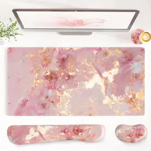 Leather Desk Mat Set, 4-in-1 Large Mouse Pad with Wrist Rest, Non-Slip Desk Pad + Keyboard Wrist Rest + Mouse Wrist Support + Coaster, Office Desk Accessories Home Decor Supplies, Pink Marble