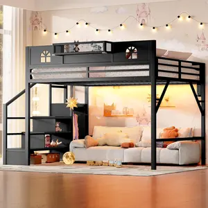 Queen Size Loft Bed Frame with Stairs & Wardrobe, Heavy-Duty Metal Loft Bed Queen with Charging Station & LED Lights, Guardrail and Large Under Bed Space, High Lofts Beds for Adults Teens, Black