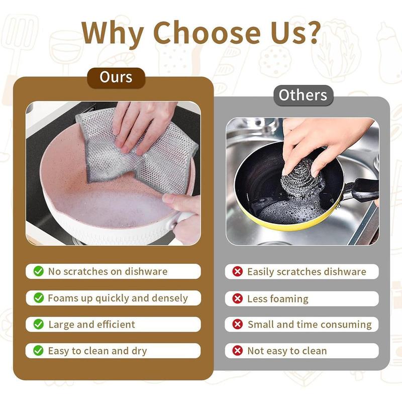 12 Counts Dishwashing Rags,Multipurpose Non-Scratch Wire Dishcloths for Wet and Dry Use, Reusable Wire Cleaning Cloths for Kitchen,Sinks,and Pans Silver Removable, Washable & More