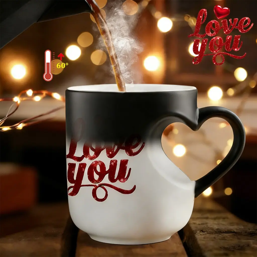 1pc Heart-Shaped Color Changing Magic Ceramic Mug With Red Hearts & Love You Design, Romantic Thermochromic Reveal Coffee Cu, Valentine's Day, Mother's Day, Father's Day And Anniversary Gifts, Drinkware, Coffee Mugs, Valentines Mug