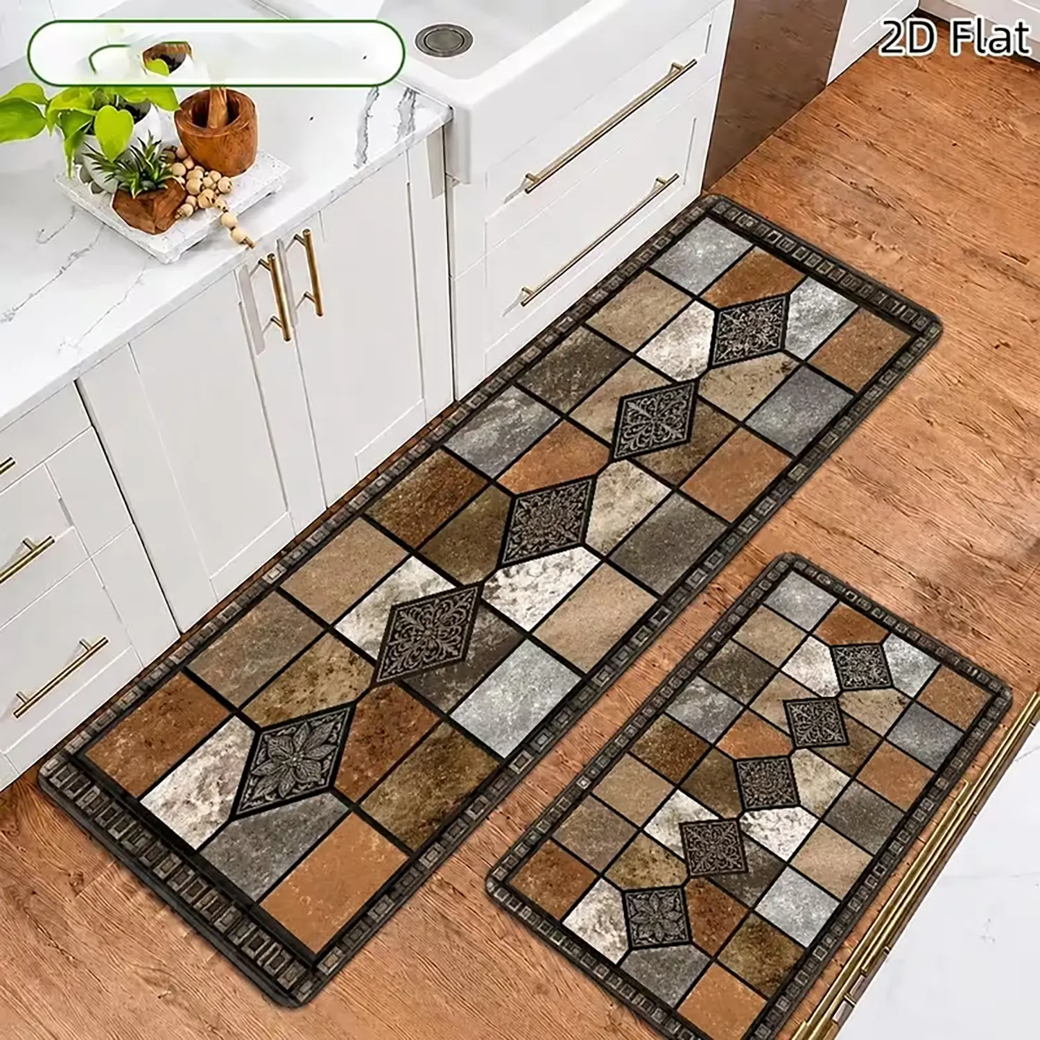 2-Piece Retro Look Rectangular Vintage Marble Tile Anti-Fatigue Kitchen Rug Set Pack (17.5"×30"+17.5"×47"), Cushioned Comfort Standing Mats, Non-Slip Machine-Washable Floor Rugs, Kitchen Decor Ideas for Laundry Room Home Decor (2 Sizes Included)
