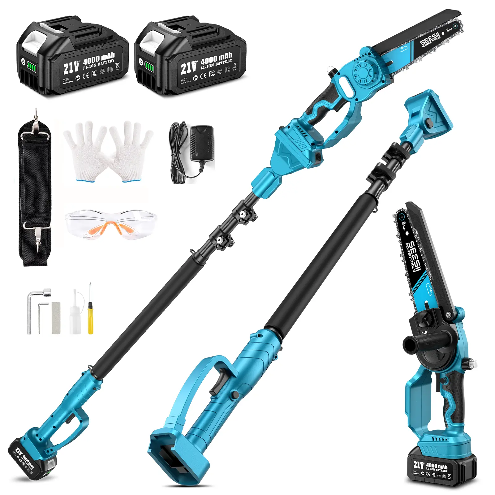 2 in 1 Cordless 8 inch Pole Saw, SeeSii Power Electric Polesaw for Tree Trimming with 2X4.0Ah batteries, Chain Saw with Extension Pole, Limb Branch Cutter Pruner P8 Ace/CS300Pro-APS61 CH800B